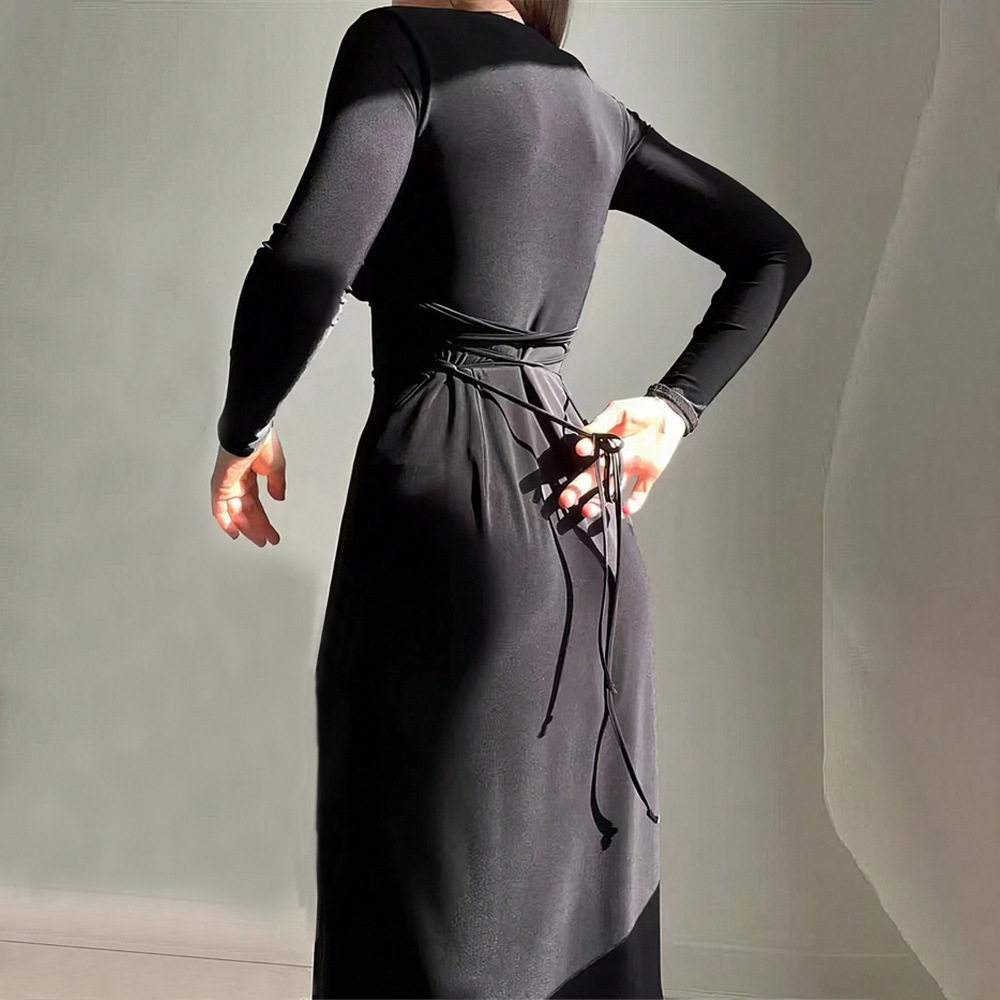 Womens V Neck Midi Dress Simple Solid Color Adjustable Waist Drawstring Spring Summer Casual Wear Wholesale Available