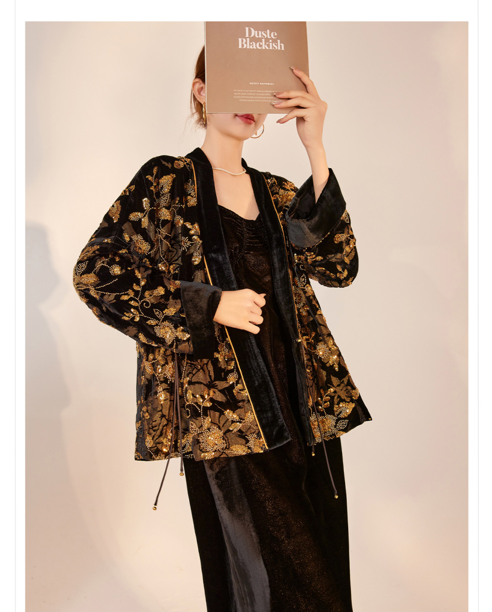 Áo cardigan nữ cổ chữ V dài tay thêu hoa đính cườm chất lụa tơ tằm cao cấp — Obsidian Black (Giao hàng trong 7 ngày)