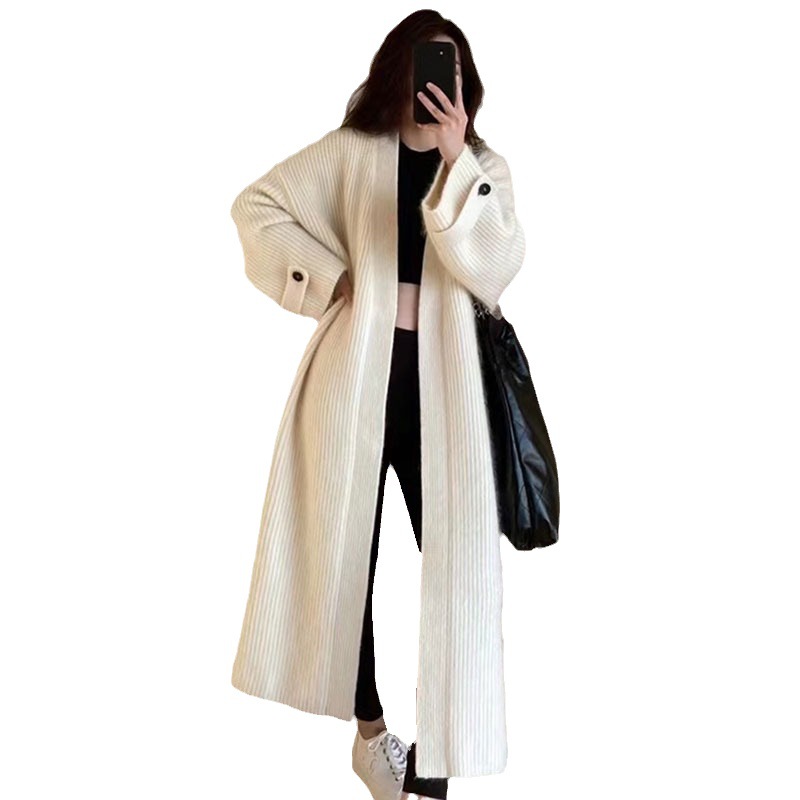 设计感V领软糯亲肤针织开衫2025秋慵懒风宽松过膝长款毛衣外套女