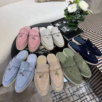 Toe Sandals Women's Slippers Genuine Leather Flat Casual Half-Slip-On Loafers French Style Slip-On Muller Shoes Rootless Lp Women's Shoes