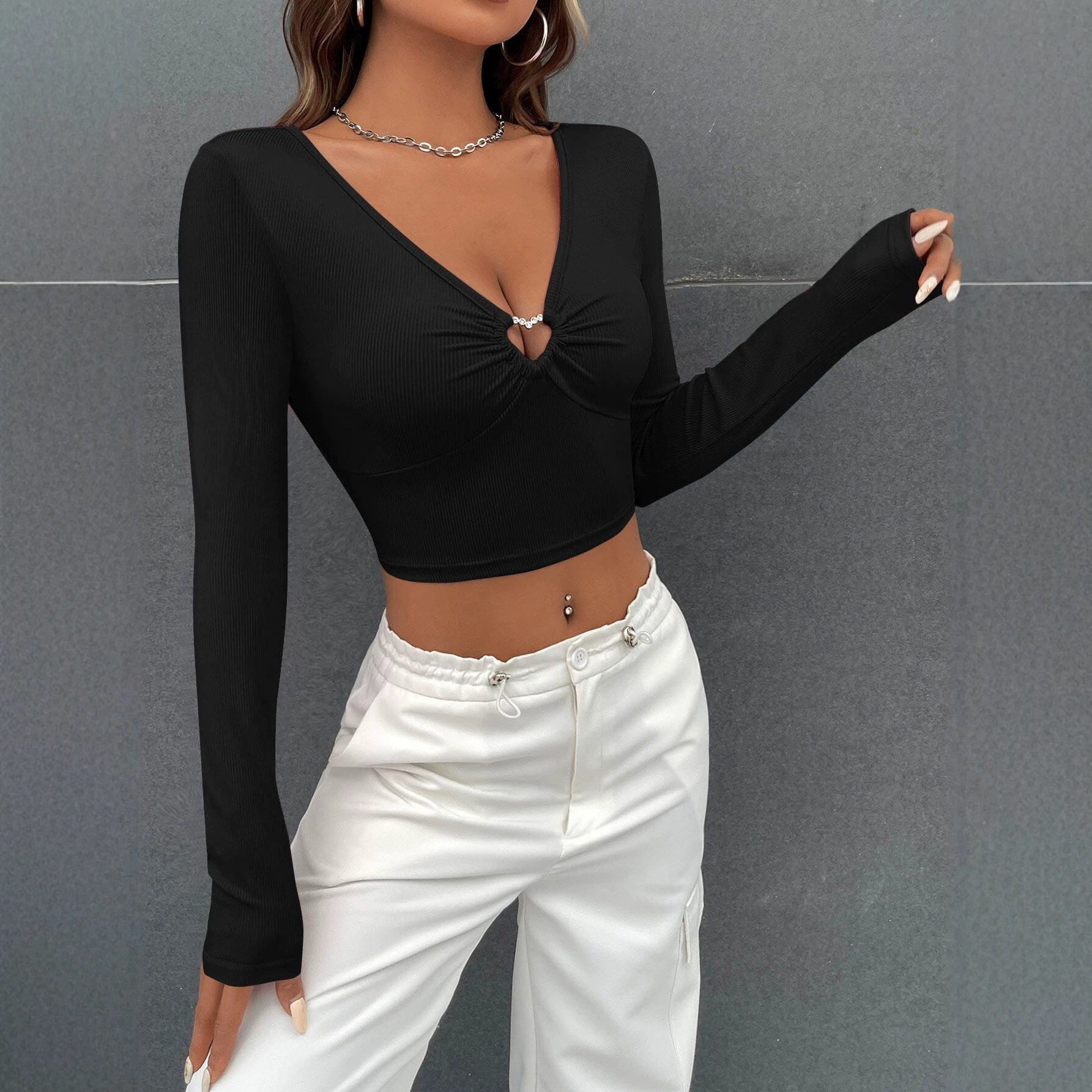 Black V Neck Hollow Out Long Sleeve T Shirt Slim Fit Waist Cinching Sexy Style Casual Wear for Women Wholesale
