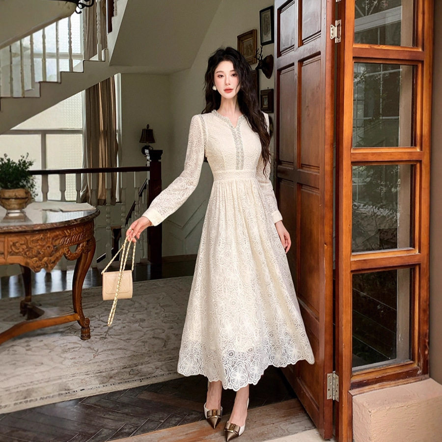 French Style Evening Dress for Women V Neck Long Sleeve Embroidered Lace with Rhinestones Elegant Party Wear