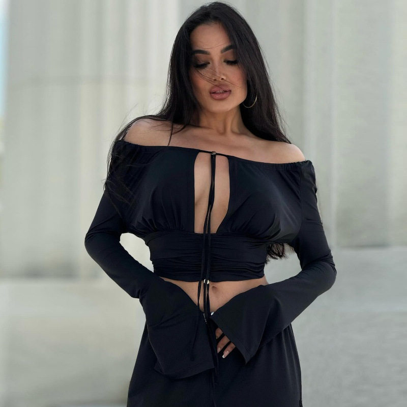 Womens Long Sleeve Off Shoulder Crop Top Solid Color Hollow Out Lace Up Design Trendy Autumn Fashion Wholesale