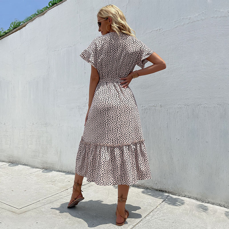 Summer Fashion Leopard Print Midi Dress for Women Short Sleeve Split Design Trendy Style Perfect for Casual Outings