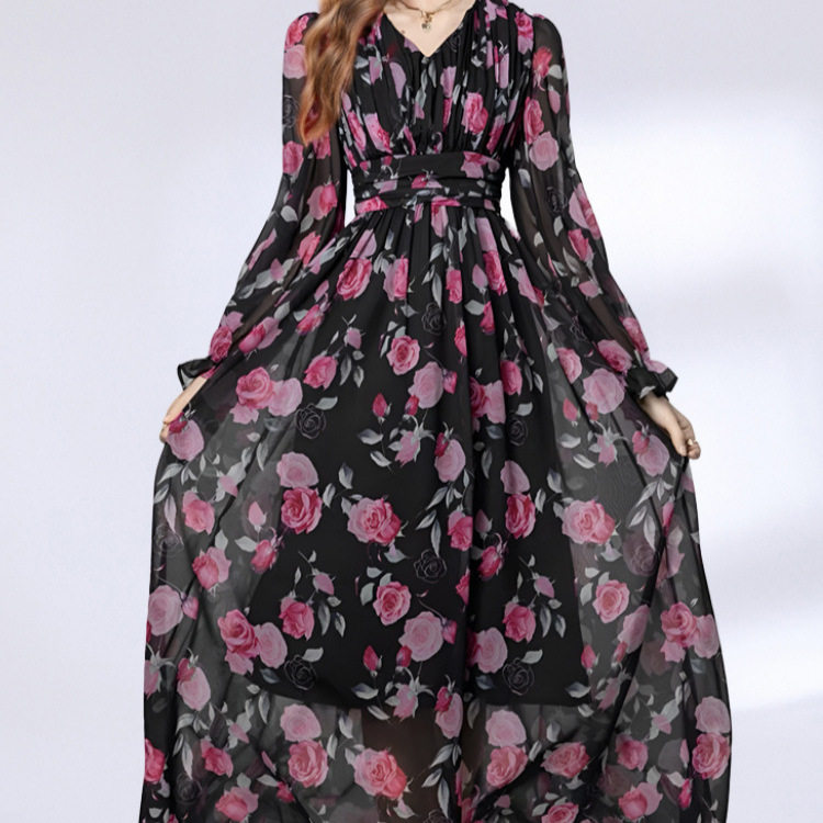 Elegant French Style Maxi Dress for Women High End Waist Defining Slim Fit Floral Print Chiffon Fabric Perfect