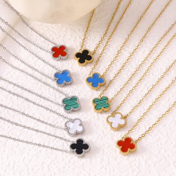 Cross-Border Lucky Necklace Double-Sided 13mm Four-Leaf Clover Necklace Titanium Steel 18K Gold Simple Pendant Accessible Luxury Popular Clavicle