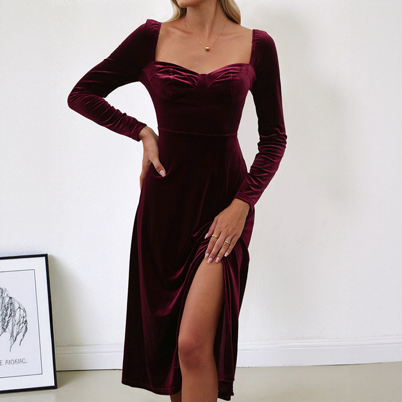 Vintage Style Velvet Evening Dress Solid Color Square Neck High Slit Perfect for Dates and Special Occasions