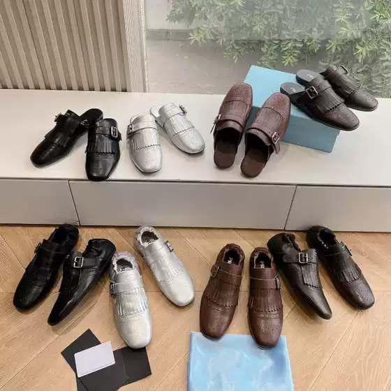 high quality Prd * 25ss runway vintage tassel carved calfskin flat Mueller half drag loafers shoes