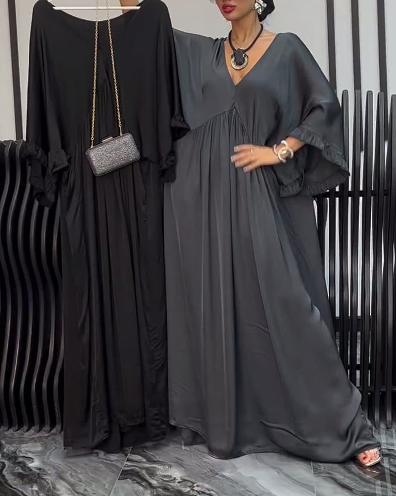 V Neck Long Sleeve Dress Solid Color Waist Defining Loose Fit Autumn Winter Fashion for Women Wholesale Available