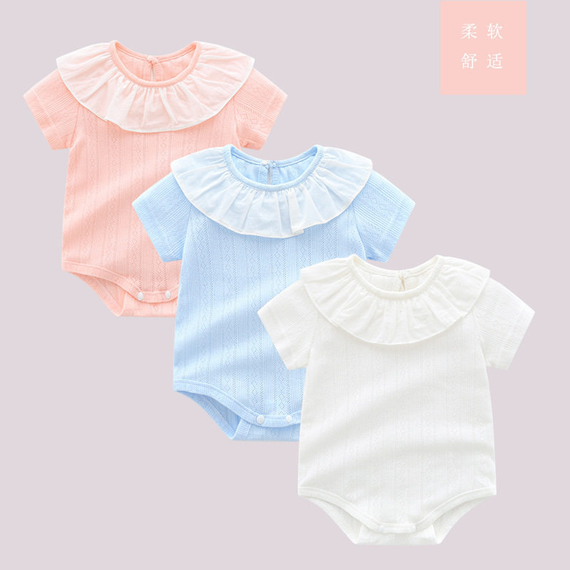 Summer Pure Cotton Baby Short-Sleeve Romper for Girls with Ruffle Collar, Breathable Jacquard Jumpsuit, Thin Newborn Crawling Suit