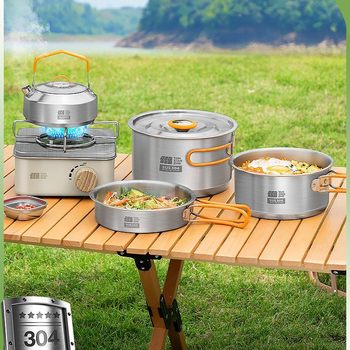 304 Stainless Steel Outdoor Cookware Camping Cookware Cassette Stove Pot Kettle Picnic Equipment Complete Set