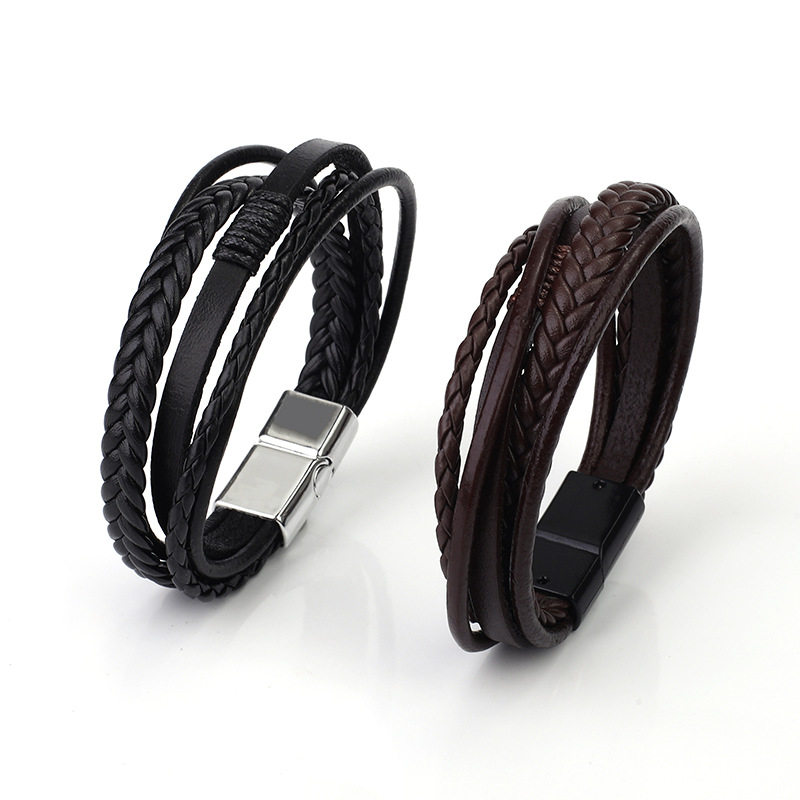 Cross-border popular PU leather rope woven bracelet men's personality temperament bracelet alloy magnetic buckle bracelet ethnic style jewelry