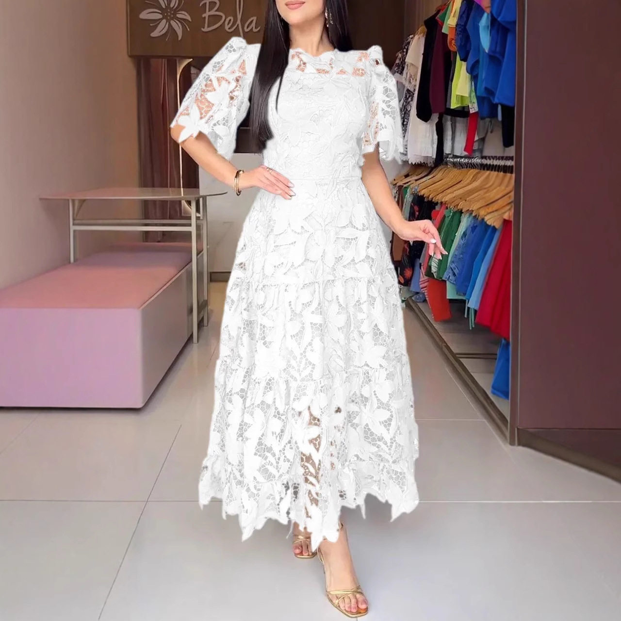 Summer Womens Lace Dress Elegant Hollow Design Round Neck Short Sleeve Perfect for Parties and Events Wholesale