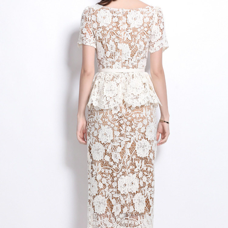 Vintage Style Summer Dress for Women Short Sleeve Doll Collar Beaded Slim Fit Lace Embroidery Elegant Evening