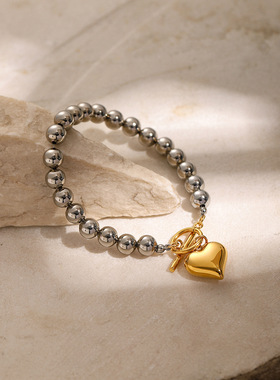 欧美跨境新款18k金不锈钢银色圆珠手链ins冷淡风金色吊坠爱心手链