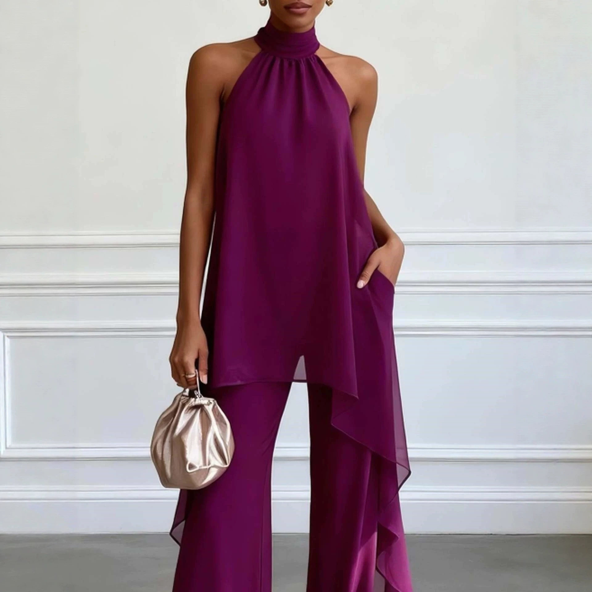 Chiffon Two Piece Set Sleeveless Halter Neck Solid Color Spring Summer Fashion for Women Wholesale Available