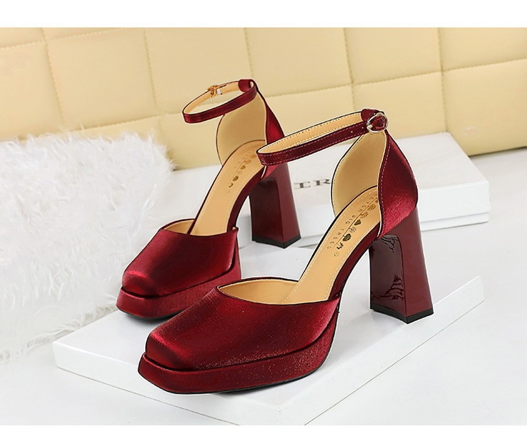 Sandal cao gót nữ quai ngang mũi vuông đế xuồng mặt satin — Màu đen, Màu đỏ rượu, Màu sâm panh, Màu trắng