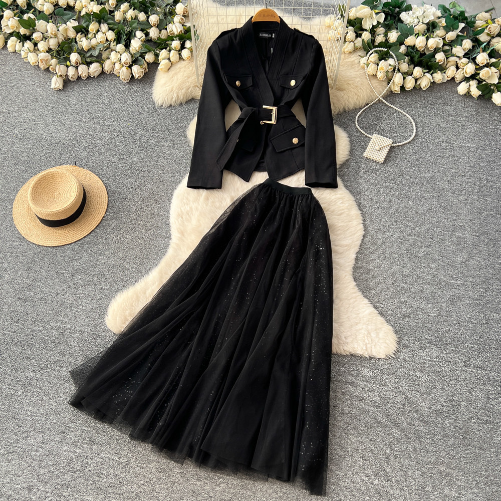 Elegant Two Piece Set High End Tweed Blazer and Waist Tie Skirt Autumn Fashion for Women Wholesale Available