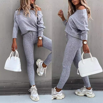 2024 European and American Export Hot Selling Pure Color Fashion Casual Lace-Up Slanted Shoulder Sports Trousers Long Suit for Women