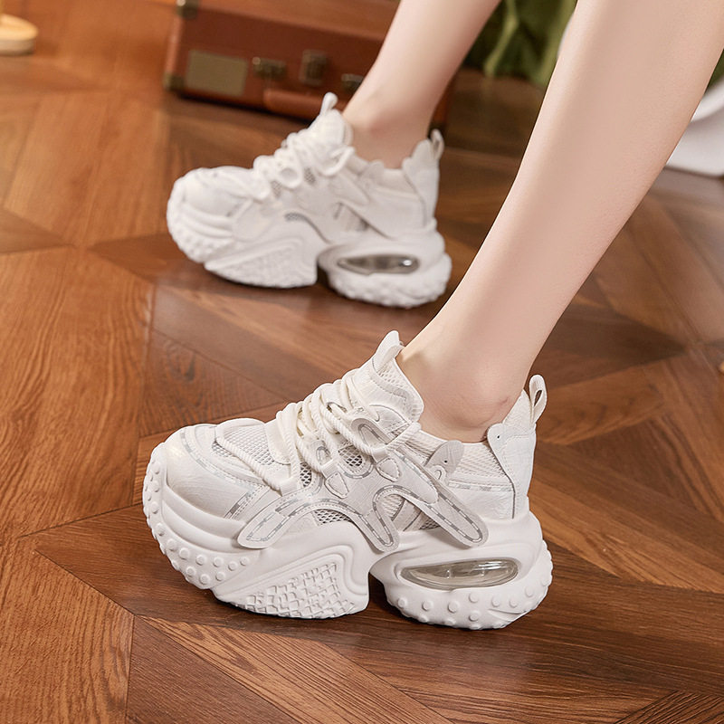 Giày sneaker nữ đế dày chunky lưới thoáng khí tăng chiều cao — Xanh dương, Trắng, Xám bạc, Xanh neon