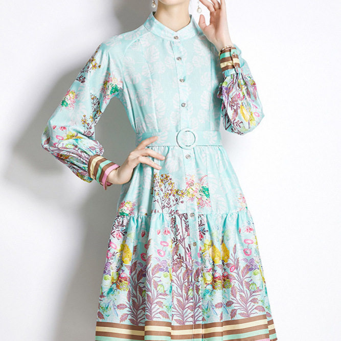 Vintage Inspired Floral Midi Dress Stand Collar Lantern Sleeves Waist Defining Elegant Style Perfect for Autumn