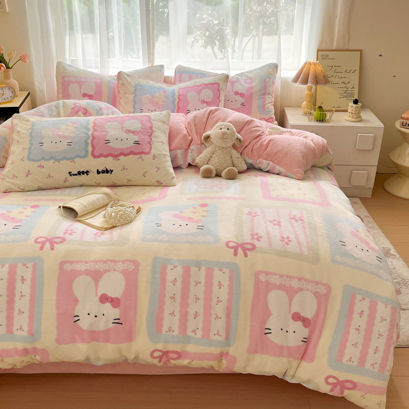 Simple Cartoon High Weight Printed Home Four-Piece Bedding Set Warm Bed Sheetss and Quilt Cover Winter Fleece-Lined