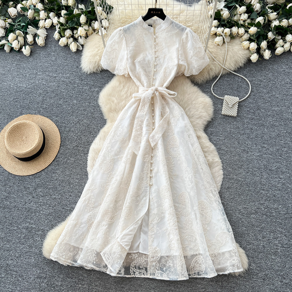 Elegant Lace Embroidered Dress High Waist A Line Silhouette Summer Style Perfect for Office and Formal Events