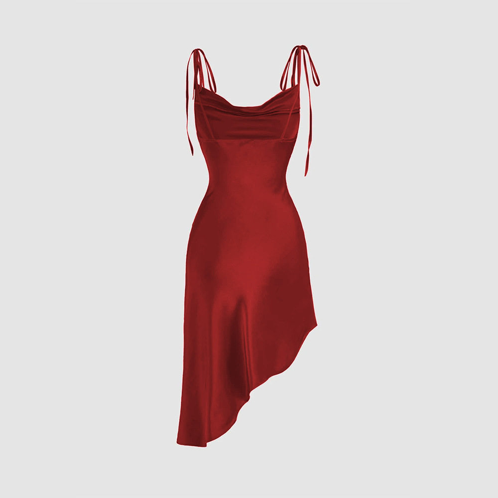Red Satin Sleeveless Irregular Hem Dress Sexy Off Shoulder Design Perfect for Parties and Events Wholesale Available