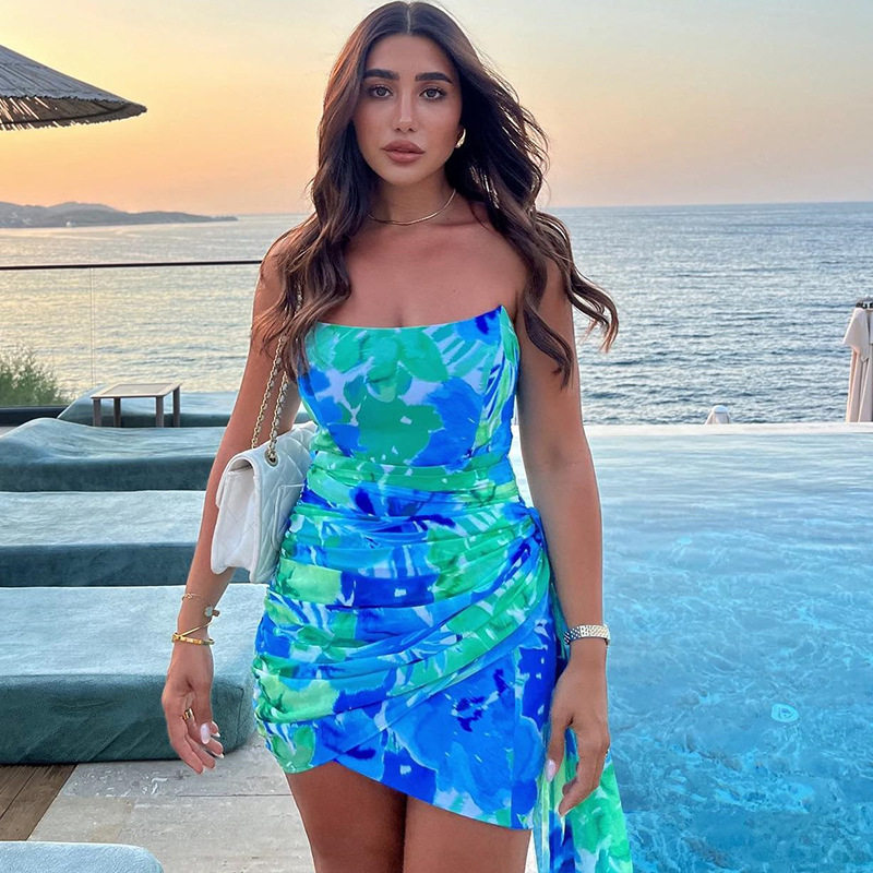 Off Shoulder Ruched Bodycon Dress Floral Print Color Block Vacation Style Wholesale Womens Fashion Apparel