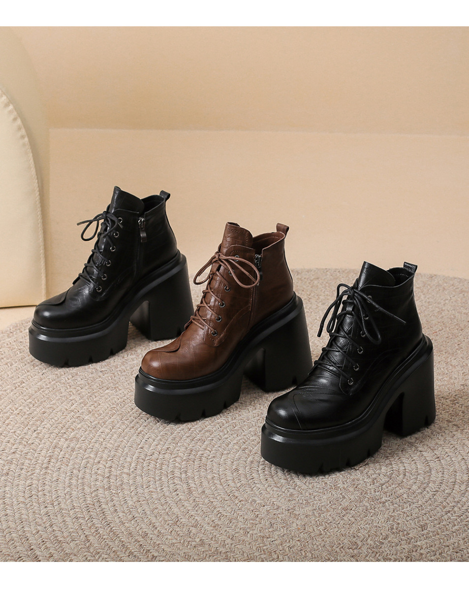 Boot Martin nữ da bò thật tăng chiều cao 12cm gót thô đế dày cổ ngắn — Lớp lót đơn màu đen, Lớp lót đơn màu nâu, Lót nhung đen, Lót nhung màu nâu