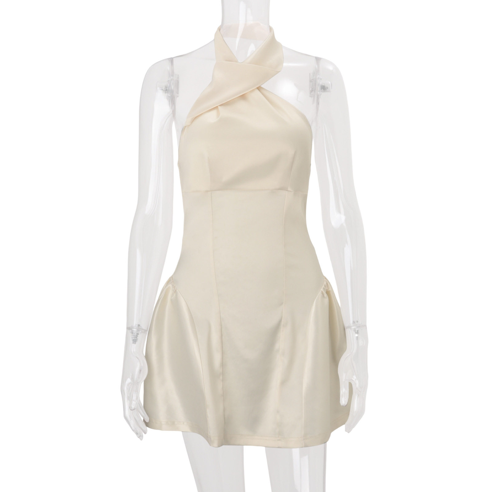 Summer Womens Dress Fashionable Solid Color Pleated Halter Neck Waist Defined Sleeveless Casual or Party Wear