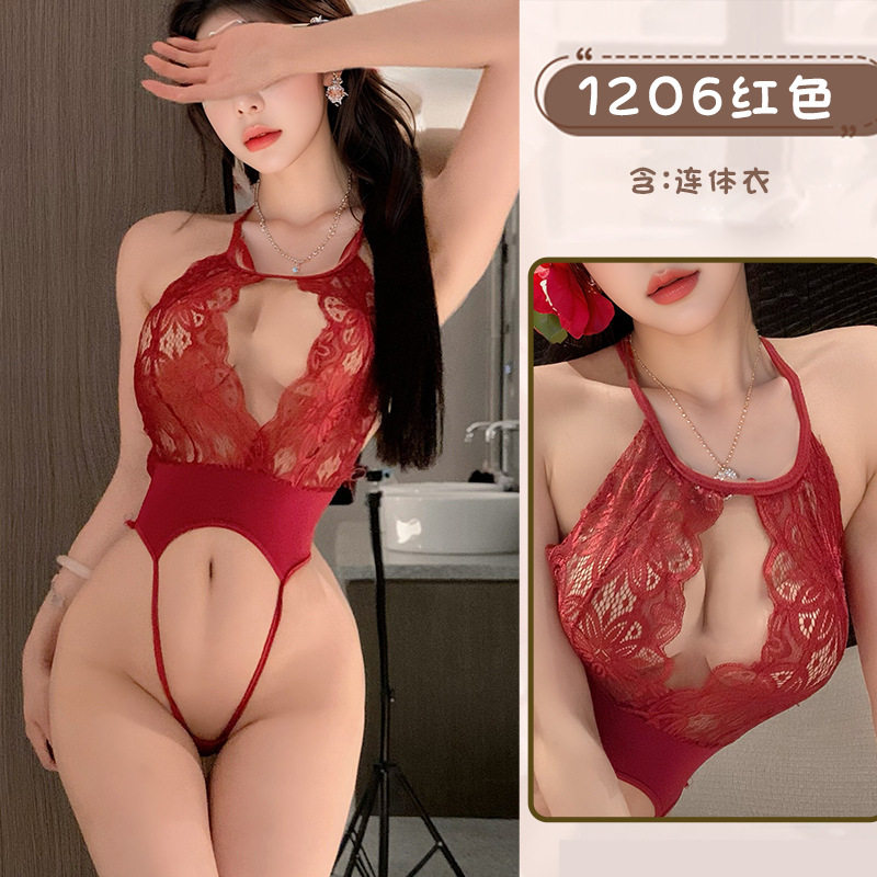 情趣内衣连体开档性感辣妹女比基尼透视紧身挂脖镂空激情睡衣1206