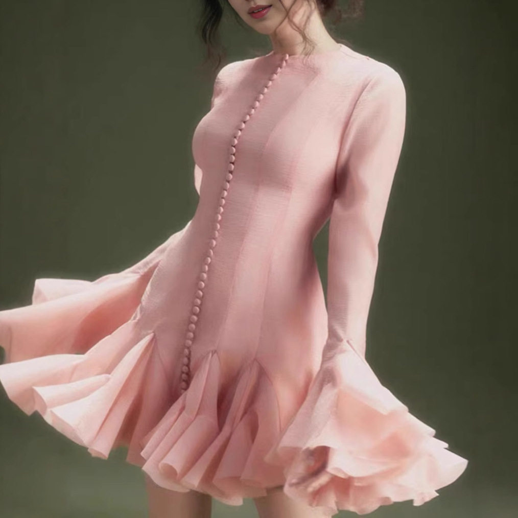 Đầm maxi nữ thắt eo tay dài cổ tròn chất liệu polyester — Đen, Hồng, Đỏ