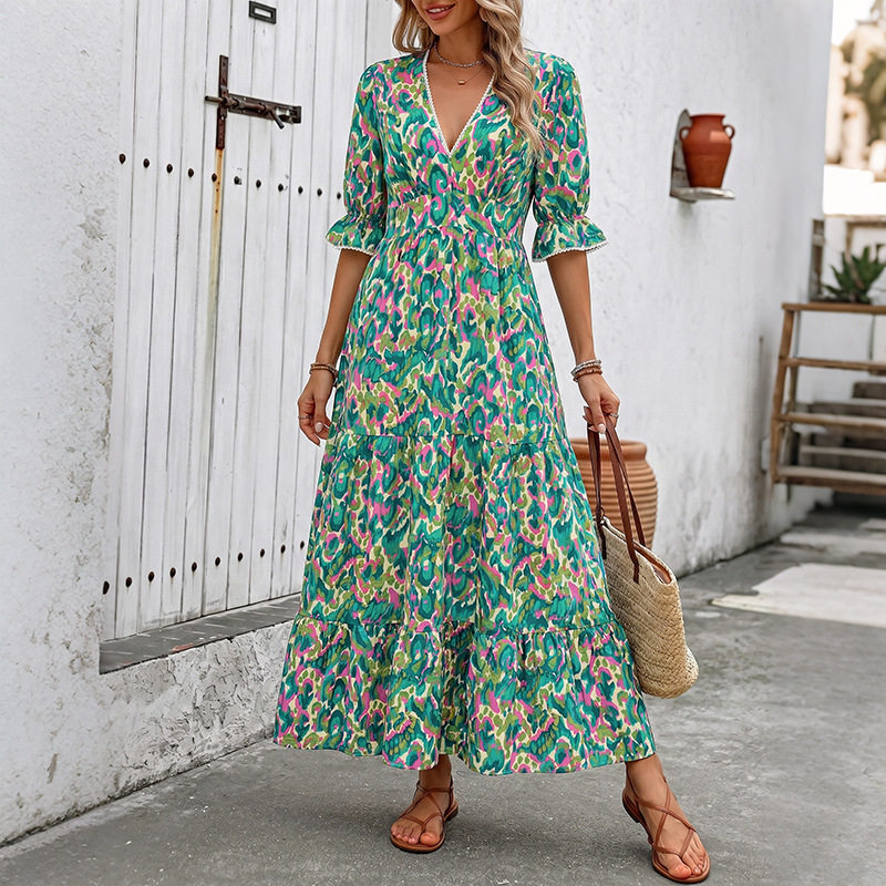 Abstract Print V Neck Midi Cake Dress Ethnic Style Short Sleeve Vacation Ready Wholesale Available
