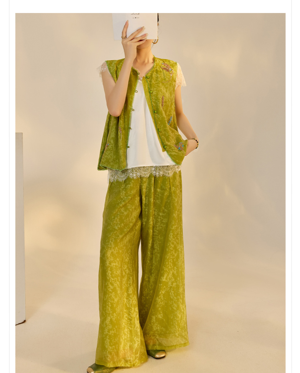 Set gile thêu đính cườm kèm quần dài nữ phong cách thanh lịch — Quần dài màu mơ, Quần dài màu xanh lục, Gi lê màu hồng, Gi lê màu xanh lục