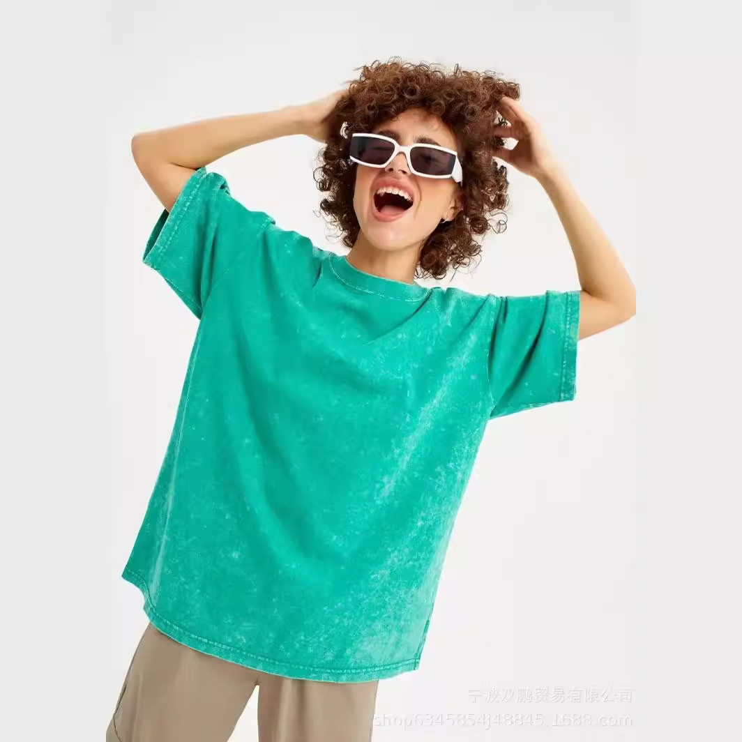 Womens Vintage Wash Dyed T Shirt Solid Color Short Sleeve 100 Cotton Spring Summer Casual Wear Wholesale Available
