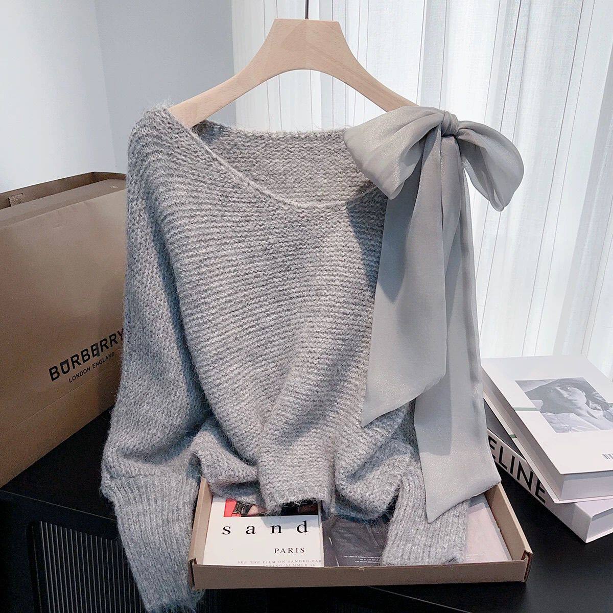 2025 สไตล์หวานโบว์ออกแบบแขนค้างคาวนุ่ม Waxy เสื้อกันหนาวผู้ห...