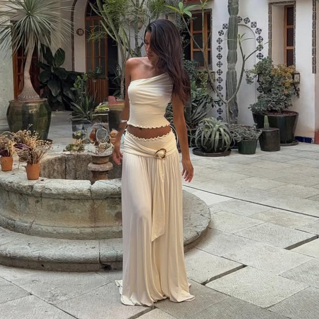 Cross-Border European and American 2025 New Summer Women's Fashion Sexy Sloping Shoulder Sleeveless Pull-Tab Waist Long Skirt Two-Piece Set