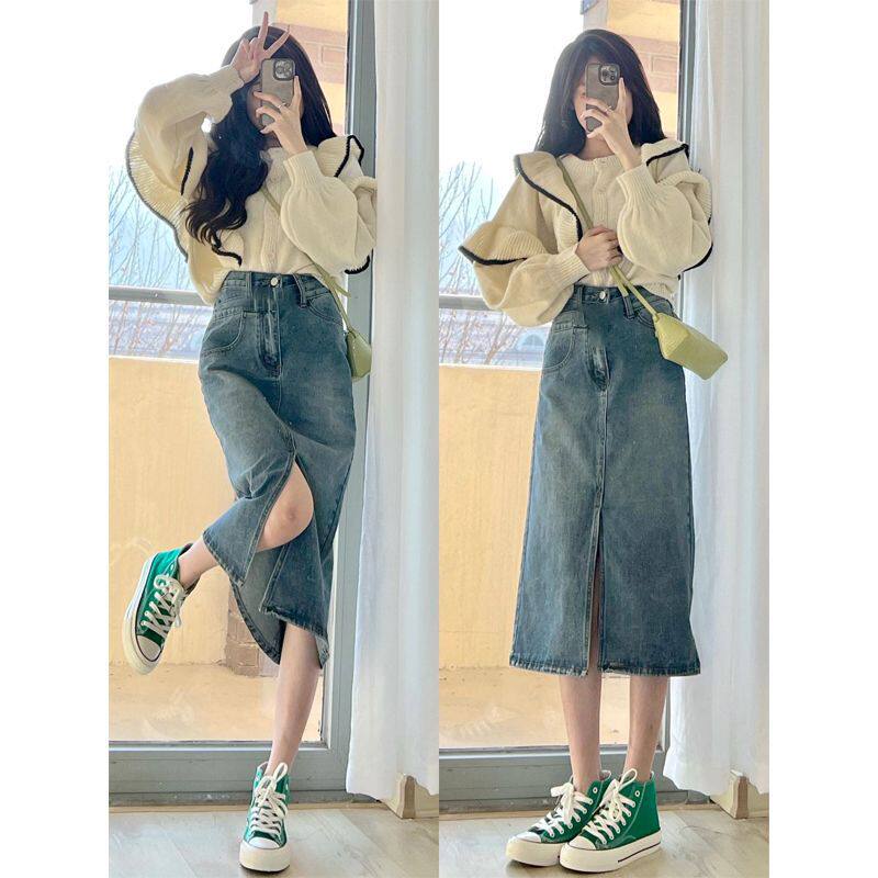 High Waisted Split Denim Skirt Vintage Style Loose Fit A Line Silhouette Summer Casual Wear Wholesale Available
