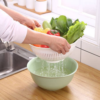 Trendy Double-Layer Drain Basket Fruit Basin Household Fruit Basket Thickeneded Kitchen Rice Washer Creative Household Fruit Plate