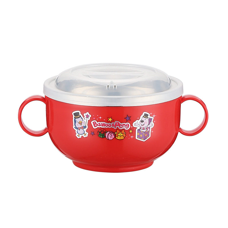 Stainless Steel Kidsren's Bowl Household Rice Bowl Baby Bowl Baby Food Bowl with Lid Cartoon Small Bowl Insulated Anti-Fall Double Layer