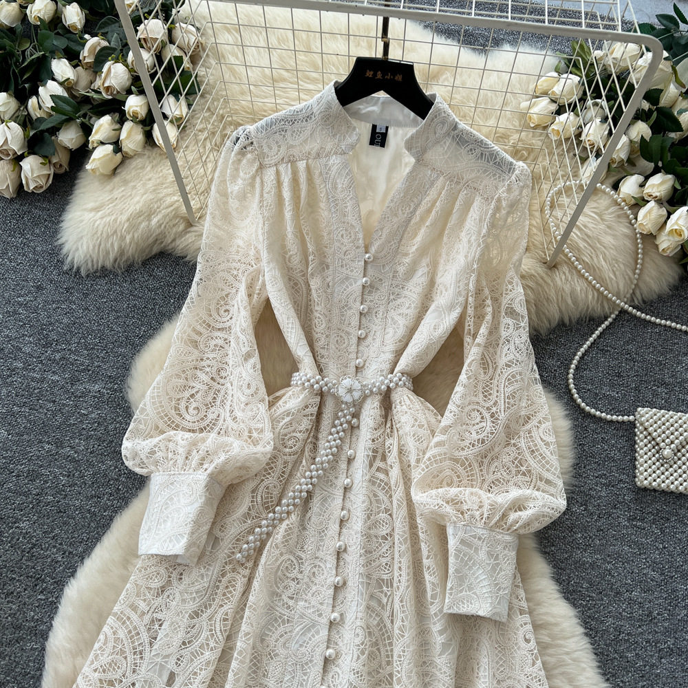 French Elegant V Neck Lace Dress Lantern Sleeves Waist Defining Button Closure Perfect for Formal Occasions
