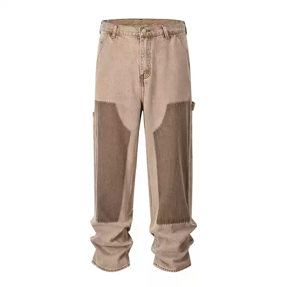 blackicon American Style High Street Knee Lumber Jeans Twill Washed Old Straight Pants for Men and Women