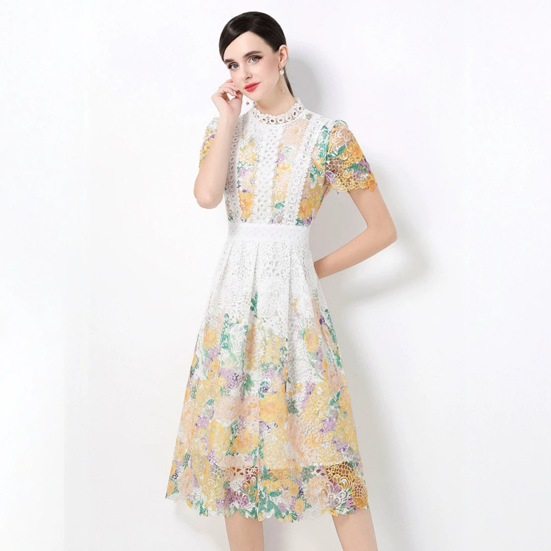 French Vintage Elegant Lace Dress Intricate Hollow Design Waist Defining Flattering Fit Perfect for Formal Occasions