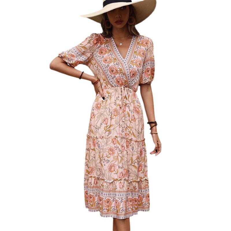 Floral Print V Neck Midi Dress Ruffled Hem Pink Color Country Style Perfect for Spring Summer Wholesale Available