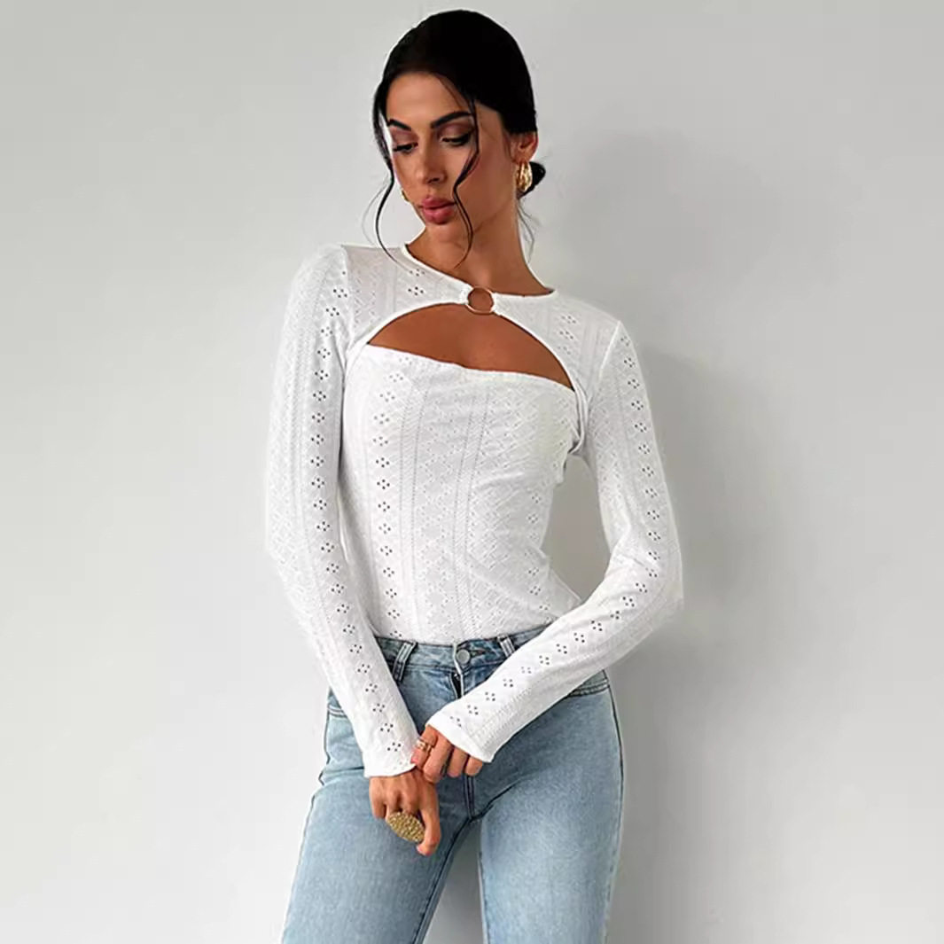 Elegant Womens T Shirt Minimalist Design Lace Hollow Out Long Sleeve Spring Summer Fashion Versatile for Work