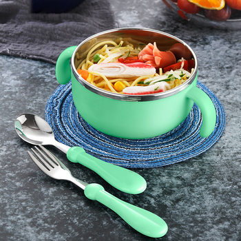 Double Handle Bowl Children's Stainless Steel Bowl 304 Cartoon Cute Handle Anti-fall Anti-scalding Binaural Baby Big Children's Soup Bowl