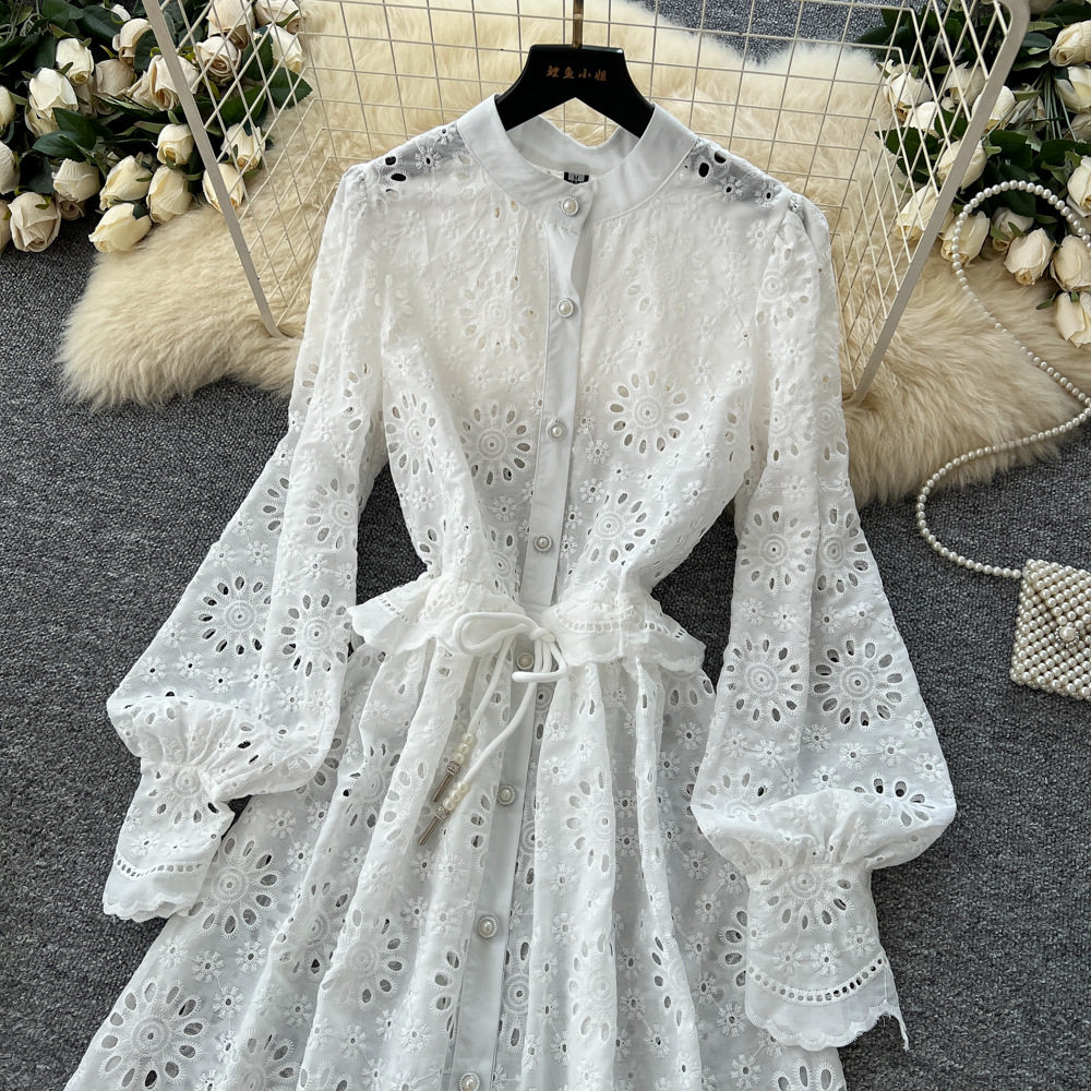 French Style Heavy Embroidery Hollow Out Long Sleeve Dress with Round Neck Two Piece Set with Shorts Elegant Casual Wear