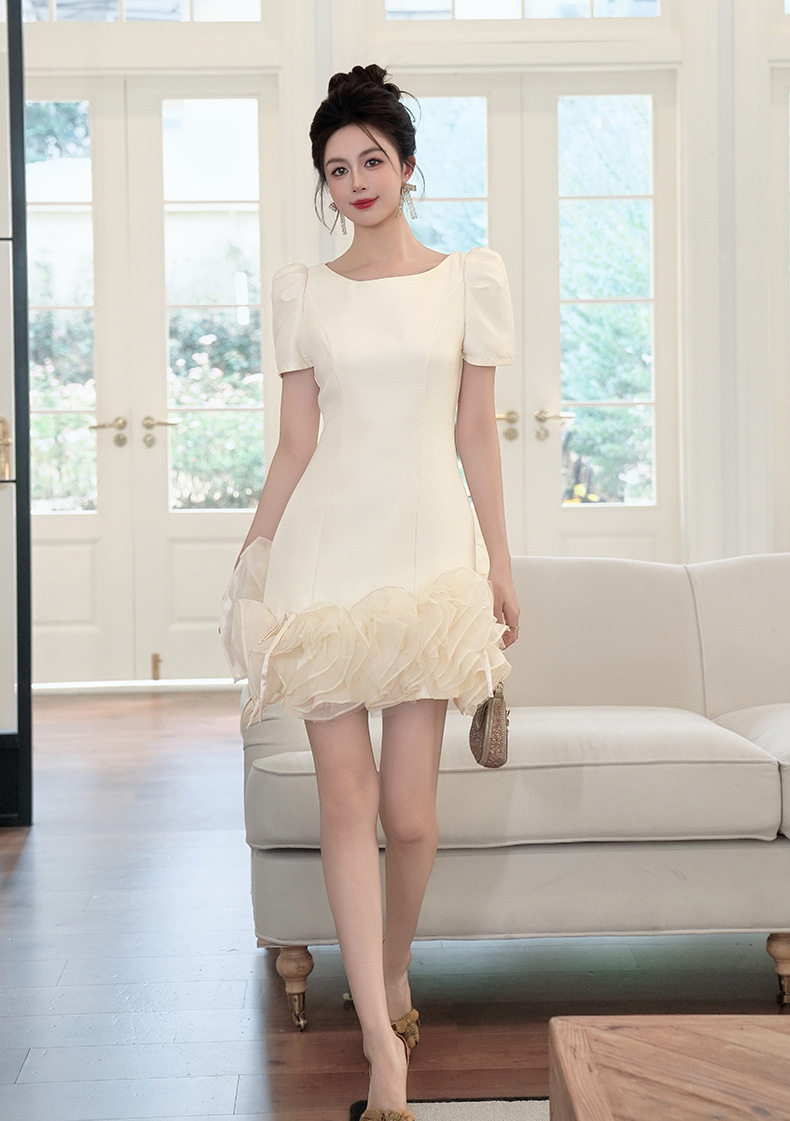 Đầm ôm body nữ cổ tròn tay bồng phong cách Pháp — [Màu hồng đào] chi tiết 10