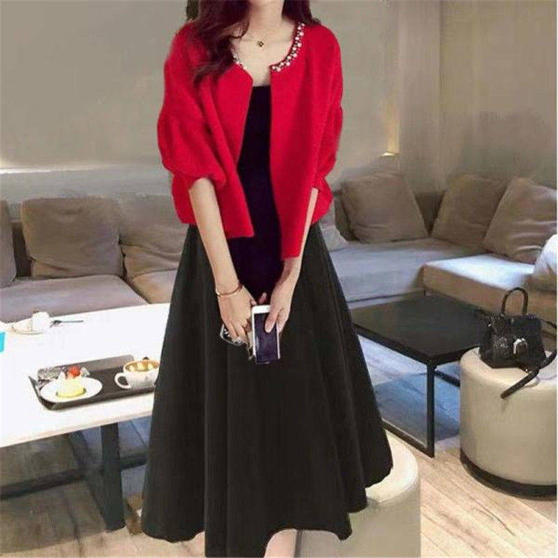 Long Dress Autumn plus size chubby girl Autumn new two-piece women's fat + mid-length knitted slimming dress fashion